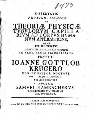 Diss. phys.-med. de theoriae physicae tubulorum capillarium ad corpus humanum applicatione