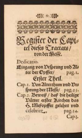 Register der Capitel dieses Tracttats/ von der Messe.