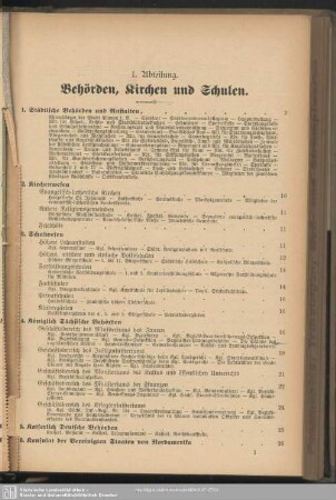 I. Abteilung. Behördenverzeichnis : I. Abteilung. Behörden, Kirchen und Schulen