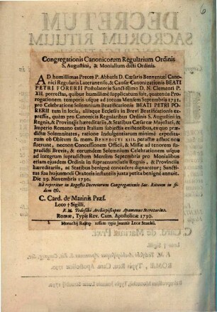 Congregationis Canonicorum Regularium Ordinis S. Augustini, & Monalium dicti Ordinis : Die 29. Novembris 1730