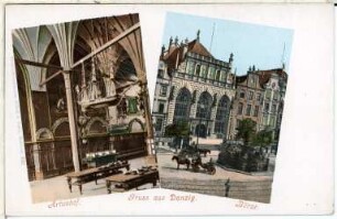 Danzig. Gruß aus Danzig. Artushof, Börse mit Neptunbrunnen : Danzig. Ansichtspostkarte mit Artushof, ab 1742 Börse (1481, 1552, 1616/1617; Abraham van den Blocke), Innenansicht, und Fassade mit Neptunbrunnen (1615, 1633; Peter Husen, Johann Rogge; Brunnenarchitektur Abraham van den Blocke; Gitterwerk 1634)