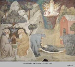 Freskenzyklus mit Szenen aus der Vita des heiligen Antonius : Der heilige Antonius im Gespräch mit dem Eremiten Paulus und Grablegung und Himmelfahrt des heiligen Antonius