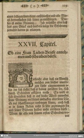 XXVII. Capitel. Ob eine Frau Liebes-Briefe annehmen und schreiben dürfe