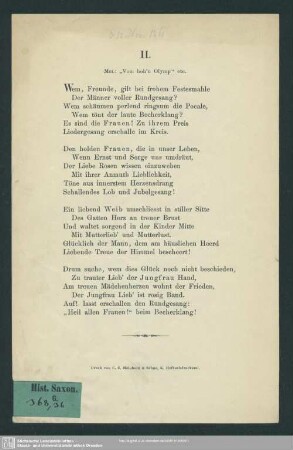 Wem, Freunde, gilt bei frohem Festesmahle Der Männer voller Rundgesang? ...