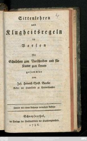 Sittenlehren und Klugheitsregeln in Versen : für Schullehrer zum Vorschreiben und für Kinder zum Lernen