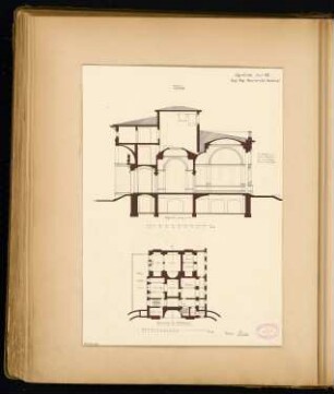 Villa Monatskonkurrenz April 1880: Grundriss Untergeschoss, Längsschnitt; 2 Maßstabsleisten