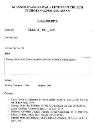Correspondence with Bihar Christian Council and National Christian Council