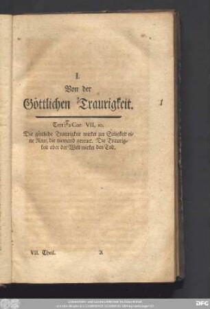 I. Von der Göttlichen Traurigkeit.