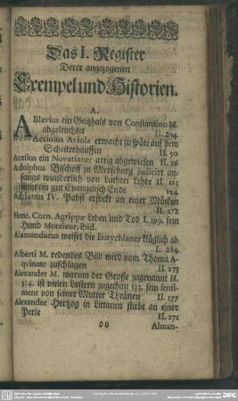 Das I. Register Derer angezogenen Exempel und Historien