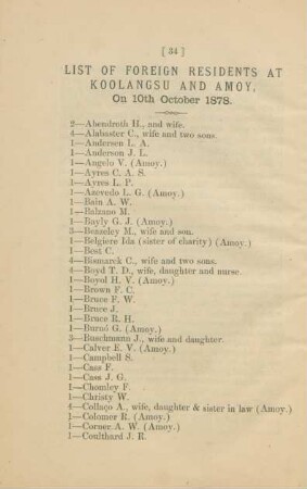 List of foreign residents at Koolangsu and Amoy, on 10th october 1878