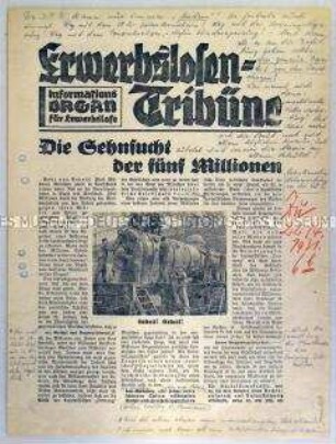 Mitteilungsblatt der SPD für Arbeitslose "Erwerbslosen- Tribüne" mit handschriftlichen Randbemerkungen aus nationalsozialistischer Sicht