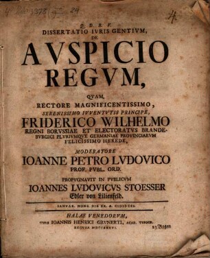 Diss. iur. gent. de auspicio regum