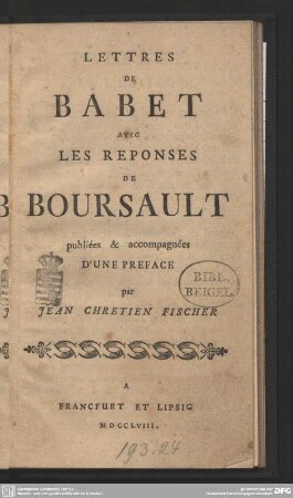 Lettres De Babet Avec Les Reponses De Boursault