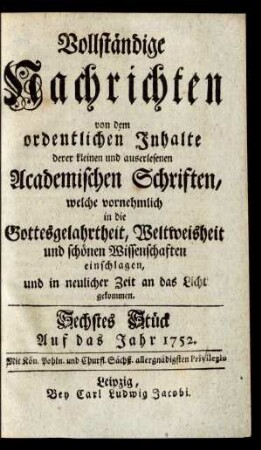 Sechstes Stück. Auf das Jahr 1752