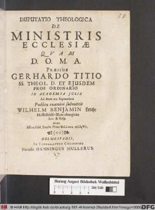 Disputatio Theologica De Ministris Ecclesiae