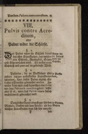 VIII. Pulvis contra Acredinem, oder Pulver wider die Schärfe.