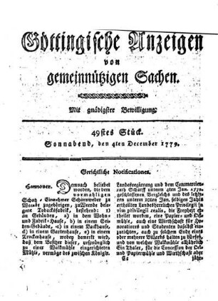 49tes Stück. Sonnabend, den 4ten December 1779.