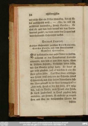 Drittes Kapitel. Lustiges Gesprächsel zwischen Don Quixote, Sancho Pansa, und dem Baccalaureus Samson Carrasco.