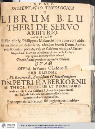 Titelseite Dissertatio Theologica in Librum B.LUTHERI DE SERVO ARBITRIO