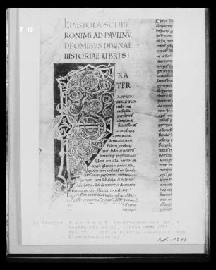 Ms. 1, Goderannus-Bibel, fol. 1v, Initiale F zum Hieronymus-Prolog