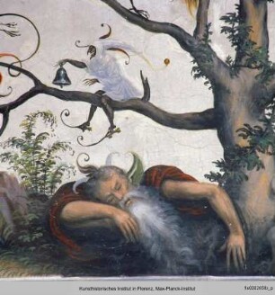 Die Innendekoration mit Jahreszeitenallegorien, Groteskendekoration und einer Vedute des Castellos : Ein, aus dem schlafenden Bacchus entwachsender Baum mit Grotesken in den Zweigen (Herbst)