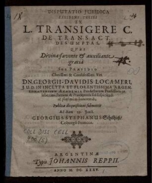 Disputatio Iuridica Exhibens Theses Ex L. Transigere C. De Transact. Desumptas