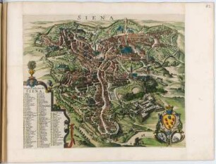 Vogelschaubild von Siena, kolorierter Kupferstich, um 1682 : Siena / [W. Hollar fe]. - [Amsterdam] : [Bÿ d' Erfsgenamen van Joannes Janssonius van Waesberge], [1682]. - 1 Vogelschaubild : Kupferstich. ; 44 x 36 cm (Karte) +++ Mit Gebäudeverz.