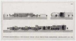 Wettbewerb Wohn- und Gewerbegebiet Clayallee (nicht realisiert), 3. Preis – Westansicht, Ostansicht, Schnitt. Berlin-Zehlendorf, Clayallee