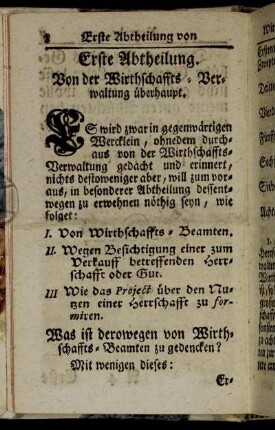 Erste Abtheilung. Von der Wirthschaffts-Verwaltung überhaupt.