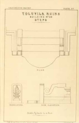 Plate EE. Toluvila ruins. Building No. 39. Steps. Plan. Guard stone. Side elevation.