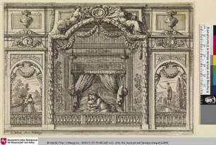[Alkoven mit einem sich küssenden Paar; Un homme enlace une femme au bord du lit]