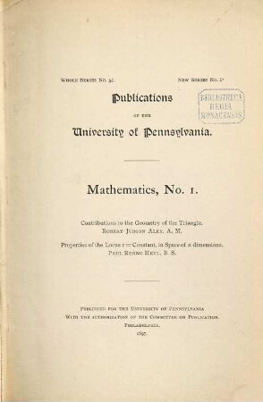 Publications of the University of Pennsylvania. Mathematics. 1. 1897
