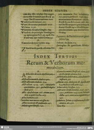 Index Tertius Rerum & Verborum memorabilium