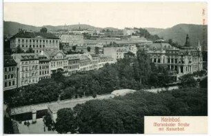 Karlsbad. Marienbader Straße mit Kaiserbad (1895) : Karlsbad. Marienbader Straße mit Kaiserbad (Bad I, 1893-1895; F. Fellner, H. Helmer) am Park Karl IV.