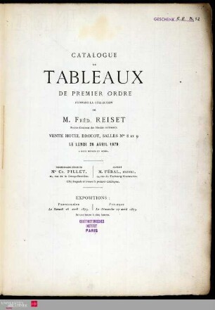 Catalogue de tableaux de premier ordre formant la collection de M. Fréd. Reiset, ancien directeur des Musées nationaux : vente Hôtel Drouot le lundi 28 avril 1879