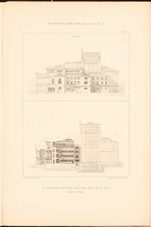 Sammelmappe hervorragender Konkurrenzentwürfe, Stadttheater für Halle/Saale, H. 9, Berlin 1885: Projekt I, Seitenansicht, Querschnitt