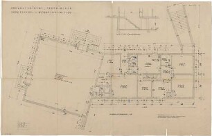 Gulbransson, Olaf Andreas; Taufkirchen / Vils; Johanneskirche - Werkplan (Grundriss EG); Kellertreppe (Schnitt)