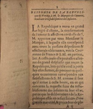 Réponse de la Republique de Venize ... touchant le retablissement des Jesuites
