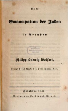 Ueber die Emancipation der Juden in Preußen