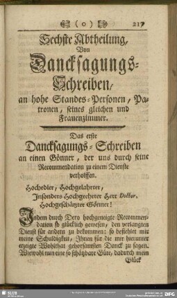 Sechste Abtheilung, Von Dancksagungs-Schreiben, an hohe Standes-Personen, Patronen, seines gleichen und Frauenzimmer