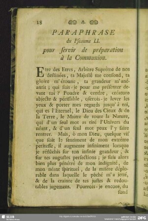 Paraphrase du Pseaume LI. pour servir de préparation à la Communion
