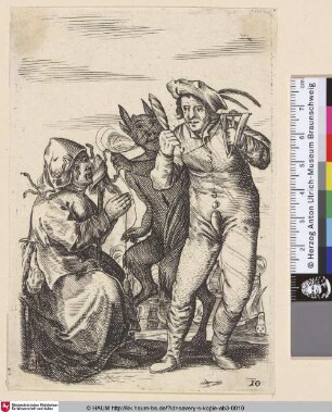 [Ein Mann wickelt vom Teufel ergriffenes Garn auf, rechts sitzt eine Frau; Woman seated before a man winding yarn seized by devil]