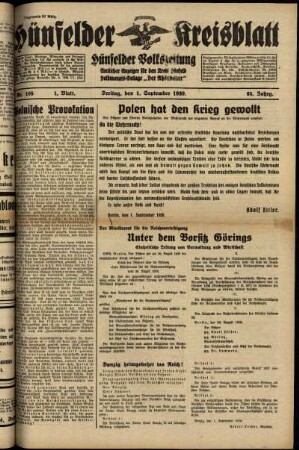 Erste Ausgabe vom Freitag, den 01. September 1939.