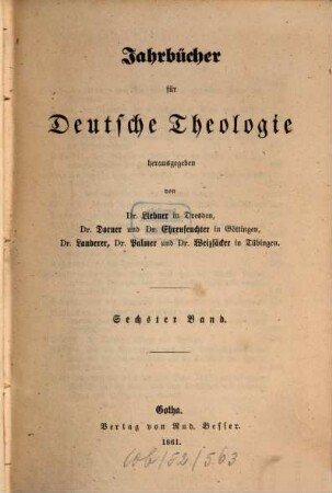 Jahrbücher für deutsche Theologie, 6. 1861