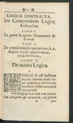 Pars I. De prima mentis operatione, h. e. simplici obiecti apprehensione, eiusque directione.