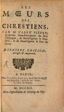 Les moeurs des Chrestiens