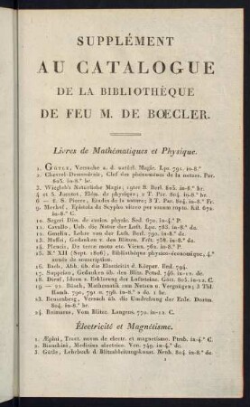 Supplément au Catalogue de la Bibliothéque de Feu M. de Boecler