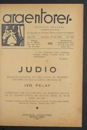 1936011600: Judío : folletín escénico en tres actos, el primero dividido en dos cuadros