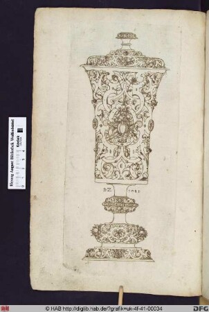 Gefäß mit Deckel, mit Ornamenten, Früchten und floralen Mustern verziert