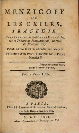 Menzikoff ou les exilés : Tragédie